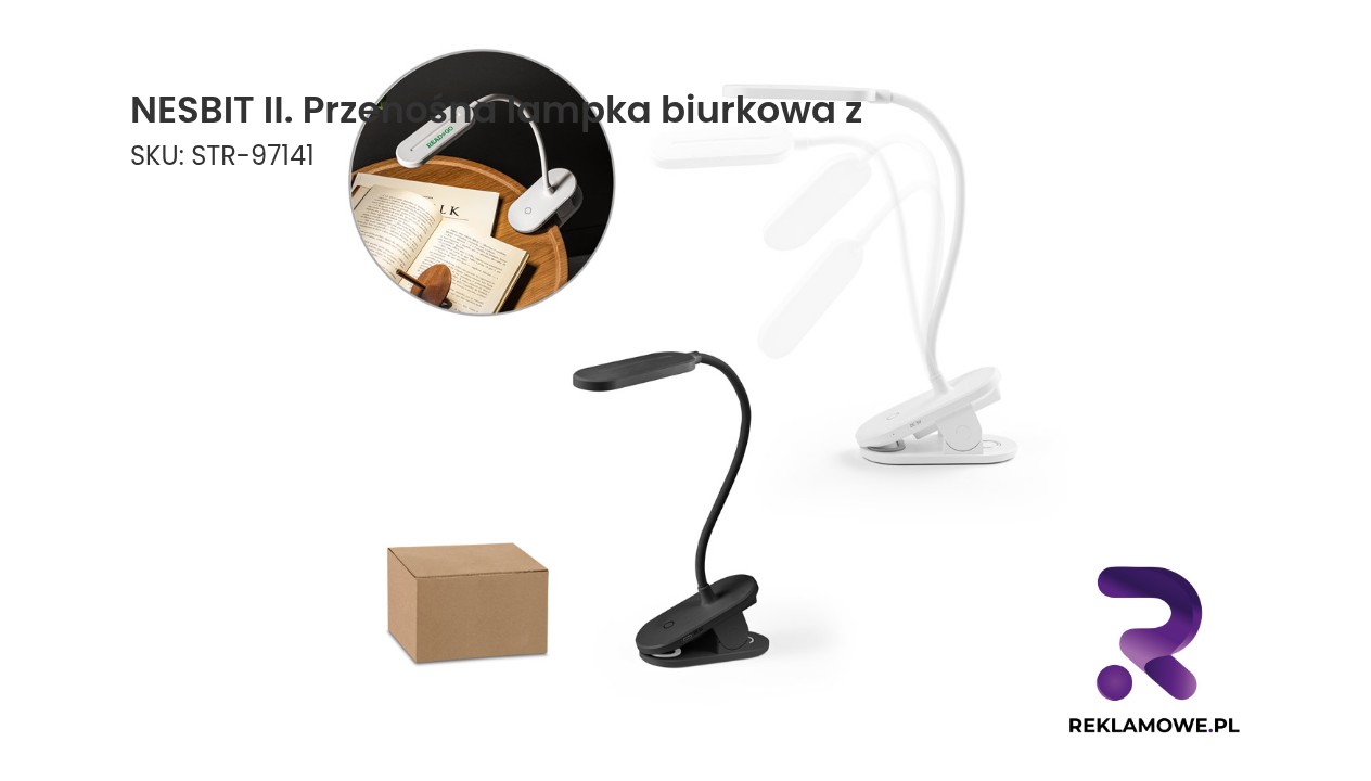 NESBIT II. Przenośna lampka biurkowa z klipsem i 30-godzinnym czasem pracy przy 65% rABS NESBIT II przenośna lampka biurkowa