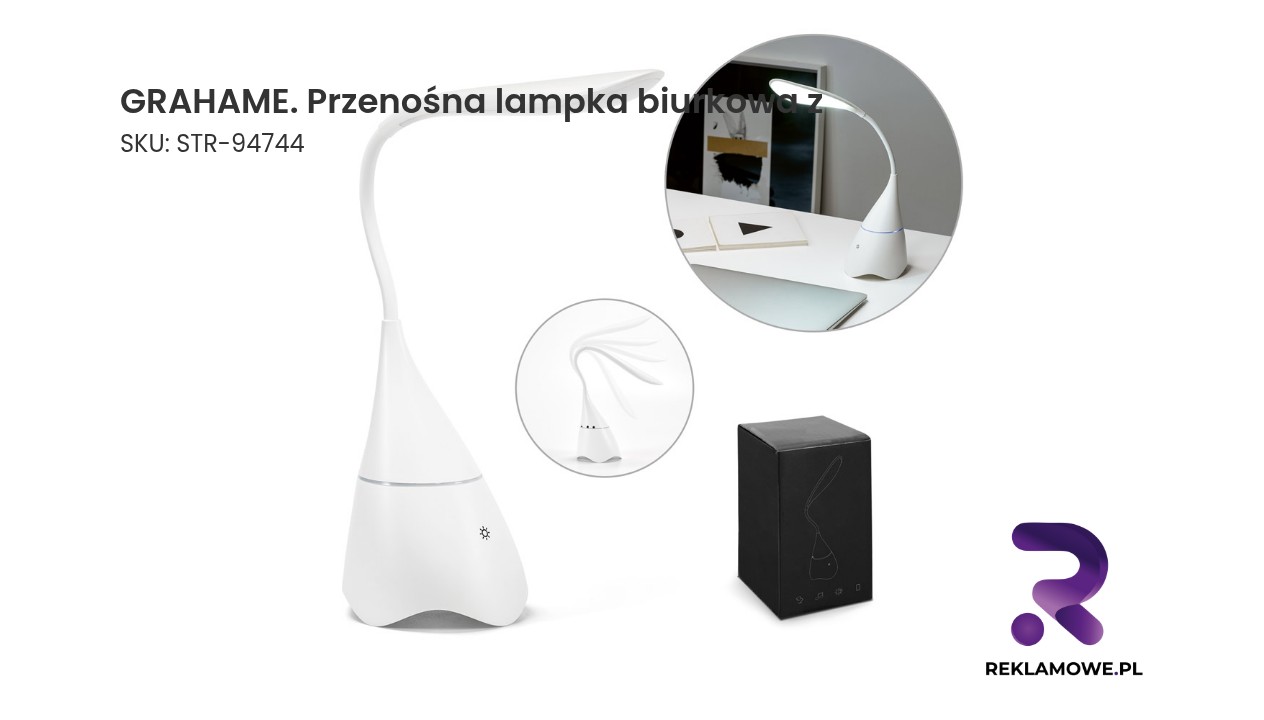 GRAHAME. Przenośna lampka biurkowa z głośnikiem i 5-godzinną żywotnością baterii z ABS pochodzącego z recyklingu (100% rABS) GRAHAME przenośna lampka biurkowa z - zdjęcie produktu